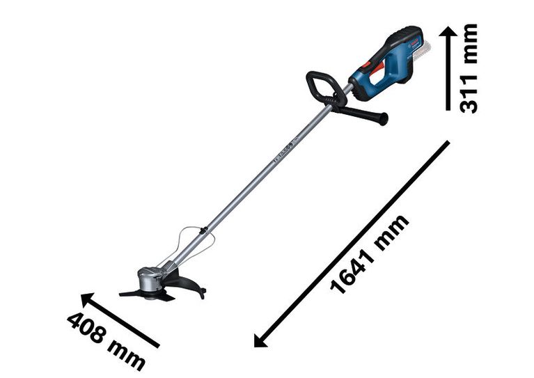 Bosch GFR 18V-23 cordless brushcutter with dimensions.