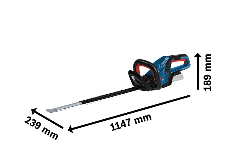 Bosch GHE 18V-60 cordless hedge trimmer with dimensions.