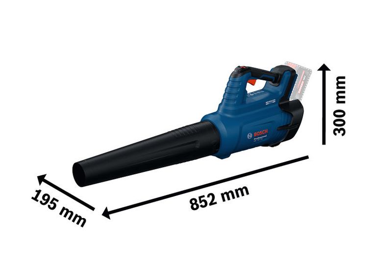 Bosch GBL 18V-750 cordless leaf blower with dimensions.
