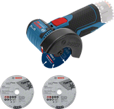 Bosch GWS 12V-76 cordless angle grinder with cutting discs.