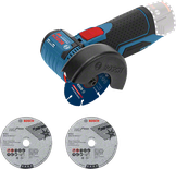 Bosch GWS 12V-76 cordless angle grinder with cutting discs.