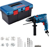 Bosch GSB 600 drill set with toolbox and accessories.