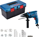 Bosch GSB 600 drill set with toolbox and accessories.