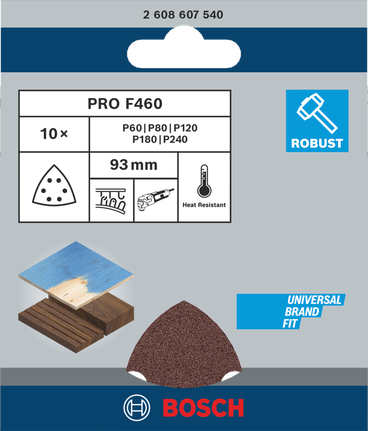 PRO F460 Sanding Sheet, 93 x 93 mm, G60, G80, G120, G180, G240, 10 pcs Bosch PRO F460 sanding sheets 93 mm 10 pcs.