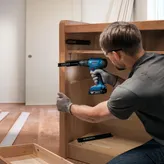 Person wearing safety equipment installs drawer slides using a cordless drill.