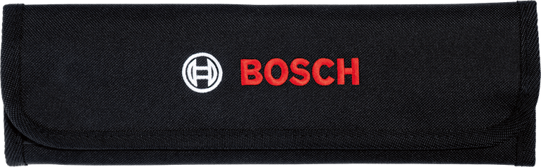Bosch spanner set in closed black canvas bag.