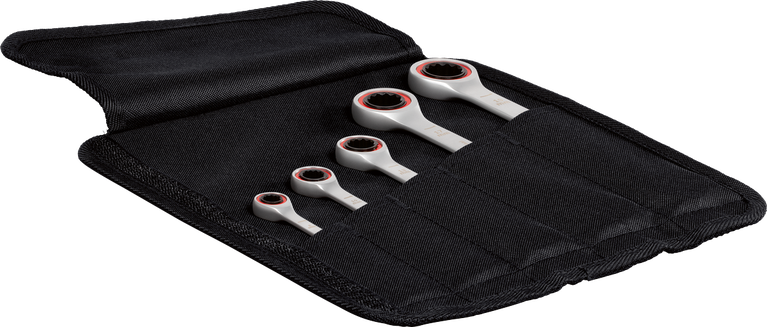 Bosch 5-piece spanner set in an open canvas bag.