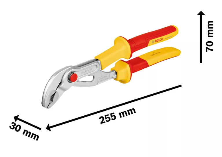 Bosch insulated water pump pliers, 255 mm length.