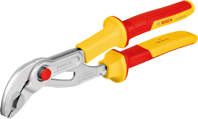 Bosch insulated water pump pliers with red and yellow handles.