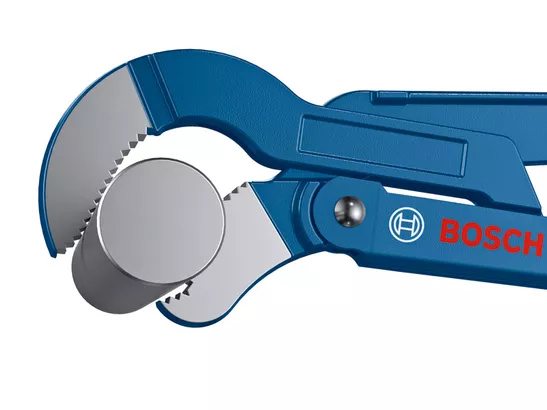 45° 420mm S-type corner pipe wrench Bosch sanitary corner pipe wrench 45° 420mm gripping a pipe.