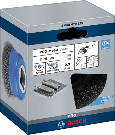 Bosch PRO Metal clean X-Lock Cup Brush 75 mm for angle grinders.