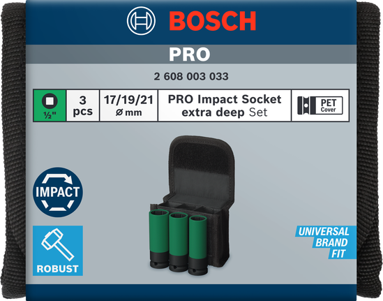 Bosch PRO Impact Socket Set extra deep 3 pcs with PET covers.