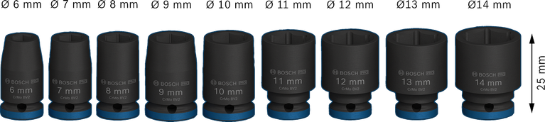 Bosch PRO Impact Socket Set 1/4 inch 9 piece, 6-14 mm.