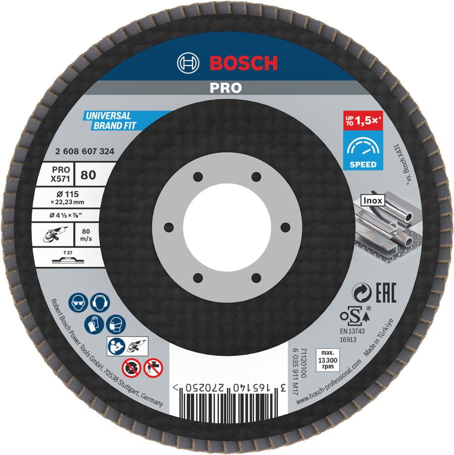 Bosch PRO X571 Flap Disc 115mm G80 for metal grinding.