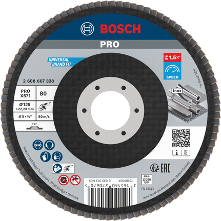 Bosch PRO X571 flap disc 125 mm G80 for metal grinding.