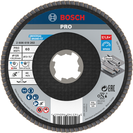 PRO X571 Flap Disc, Angled, 125 mm, G60, X-Lock Bosch PRO X571 Flap Disc 125mm G60 X-Lock for metal.
