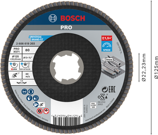 PRO X571 Flap Disc, Angled, 125 mm, G80, X-Lock Bosch PRO X571 Flap Disc 125mm G80 X-Lock angled.