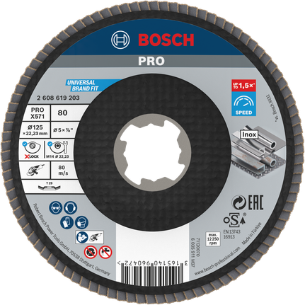 PRO X571 Flap Disc, Angled, 125 mm, G80, X-Lock Bosch PRO X571 Flap Disc 125mm G80 X-Lock for metal.