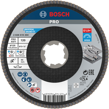 PRO X571 Flap Disc, Angled, 125 mm, G120, X-Lock Bosch PRO X571 Flap Disc angled 125 mm G120 X-Lock.