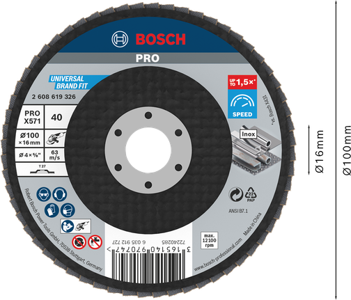 Bosch PRO X571 Flap Disc 100mm G40 for metal grinding.