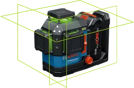 Bosch GLL 18V-120-33 CG laser leveling tool with green lines.