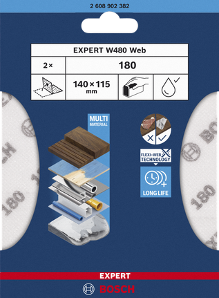 EXPERT W480 Web 1/4 Hand Sanding Sheet, 115 x 140 mm, G180 Bosch hand sanding sheet 140×115 mm G180.