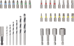 Bosch Extra Hard Screwdriver Bit and Metal HSS Drill Bit Set, display of 35 pieces.