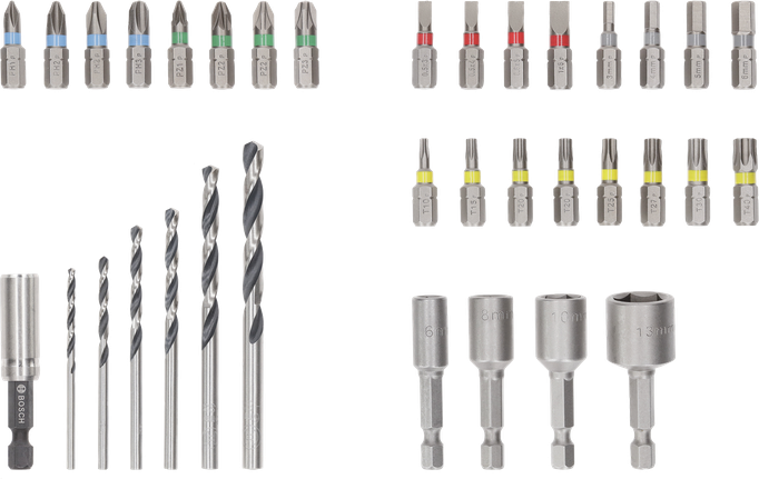 Bosch Extra Hard Screwdriver Bit and Metal HSS Drill Bit Set, display of 35 pieces.
