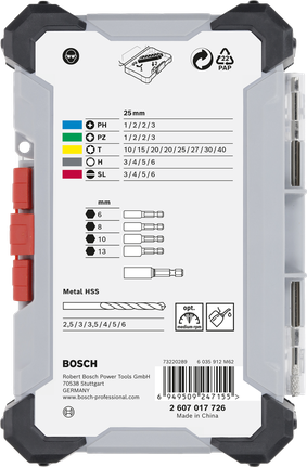 Bosch 35-piece screwdriver bit and metal HSS drill bit set.