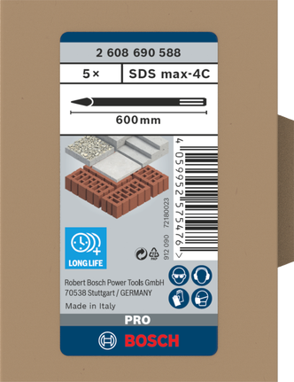 PRO SDS max-4C Pointed Chisel Set, 600 mm, 5 pcs Bosch PRO SDS max-4C chisel set 600 mm 5 pcs.