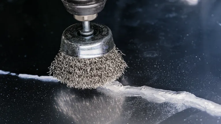 PRO Metal clean Cup Brush, Straight Shank, 70 x 0.3 mm Wire cup brush smoothing a crack on a dark metal surface.