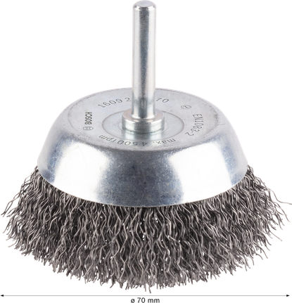 PRO Metal clean Cup Brush, Straight Shank, 70 x 0.3 mm Bosch PRO Metal clean cup brush with 70 mm crimped wire.