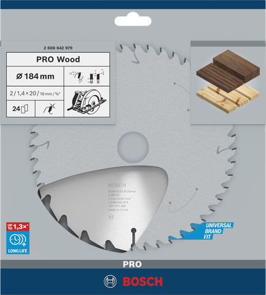 Bosch PRO Wood Circular Saw Blade 184 mm for precise wood cutting.
