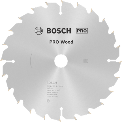 Bosch PRO Wood Circular Saw Blade 184 mm for clean wood cuts.