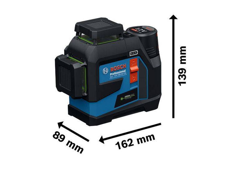 Bosch GLL 12V-100-33 CG laser leveling tool with dimensions.