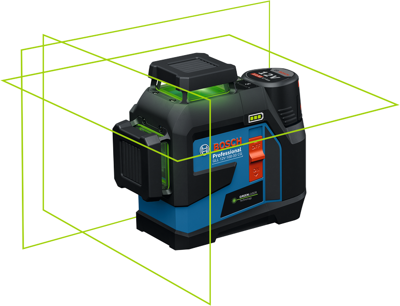 Bosch GLL 12V-100-33 CG laser leveling tool with green lines.