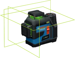 Bosch GLL 12V-100-33 CG laser leveling tool with green lines.