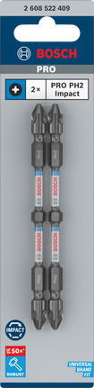 PRO Softwood and Stainless Steel Long Groove Double-Ended Impact Bit, PH2, 110 mm, 2 pcs Bosch PRO PH2 110 mm double-ended impact bits.