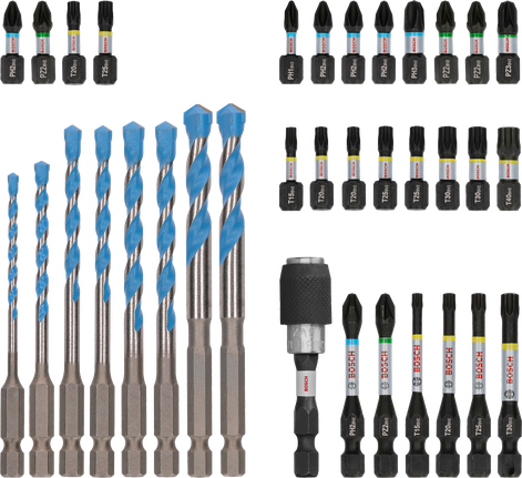 Bosch PRO Impact Mixed Set display with 35-piece drill and screw bits.