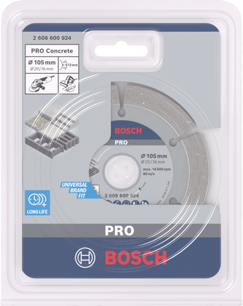 PRO Concrete Diamond Disc, 105 x 20/16 mm Bosch PRO Concrete diamond disc 105×20/16 mm.