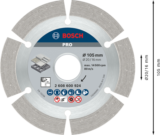 PRO Concrete Diamond Disc, 105 x 20/16 mm Bosch PRO Concrete Diamond Disc 105 mm for cutting.