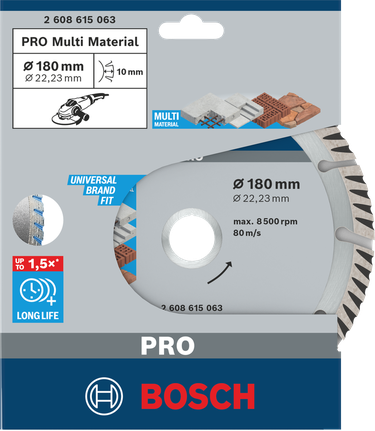PRO Multi Material Diamond Disc, 180 x 22.23 mm Bosch PRO Multi Material diamond disc 180×22.23 mm.
