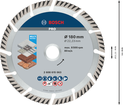 PRO Multi Material Diamond Disc, 180 x 22.23 mm Bosch PRO Multi Material Diamond Disc 180 mm for cutting.