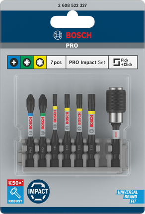 PRO Impact Set with Quick Change Bit Holder and Pick and Click Index, PH2, PZ2, T15, T20, T25, T30, QC BH, 50 mm, 8 pcs Bosch PRO Impact bit set 8 pcs.