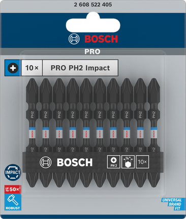 PRO Softwood and Stainless Steel Long Groove Double-Ended Impact Bit, PH2, 65 mm, 10 pcs Bosch PRO PH2 65 mm impact bits 10-pack.