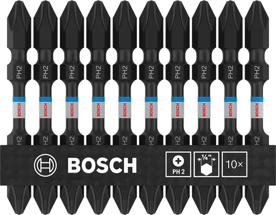 PRO Softwood and Stainless Steel Long Groove Double-Ended Impact Bit, PH2, 65 mm, 10 pcs Bosch PRO Softwood and Stainless Steel PH2 double-ended bits, 10 pack.