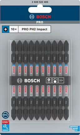 PRO Softwood and Stainless Steel Long Groove Double-Ended Impact Bit, PH2, 110 mm, 10 pcs Bosch PRO PH2 110 mm double-ended impact bits 10-pack.