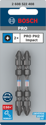 PRO Softwood and Stainless Steel Long Groove Double-Ended Impact Bit, PH2, 65 mm, 2 pcs Bosch PRO PH2 impact double-ended bits 65 mm.