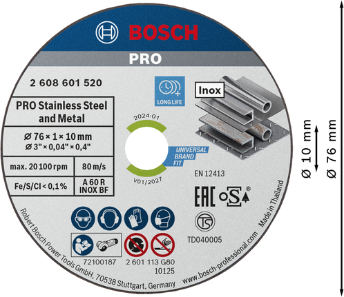 PRO Stainless Steel and Metal Bonded Cutting Disc, 76 x 1 x 10 mm Bosch PRO Stainless Steel and Metal 76 mm cutting disc.