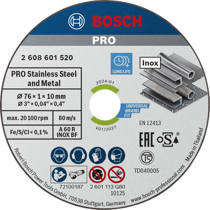 PRO Stainless Steel and Metal Bonded Cutting Disc, 76 x 1 x 10 mm Bosch PRO stainless steel and metal cutting disc 76x1x10 mm.